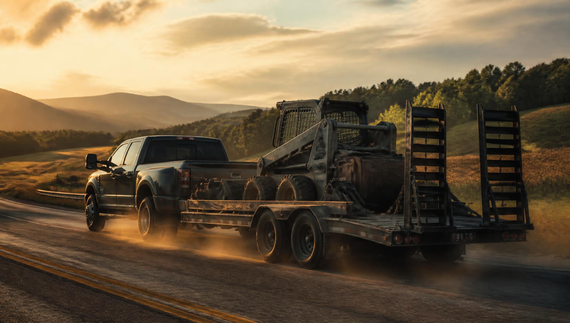 Heavy-duty pickup truck towing a loaded deck-over equipment trailer on a rural Maryland highway